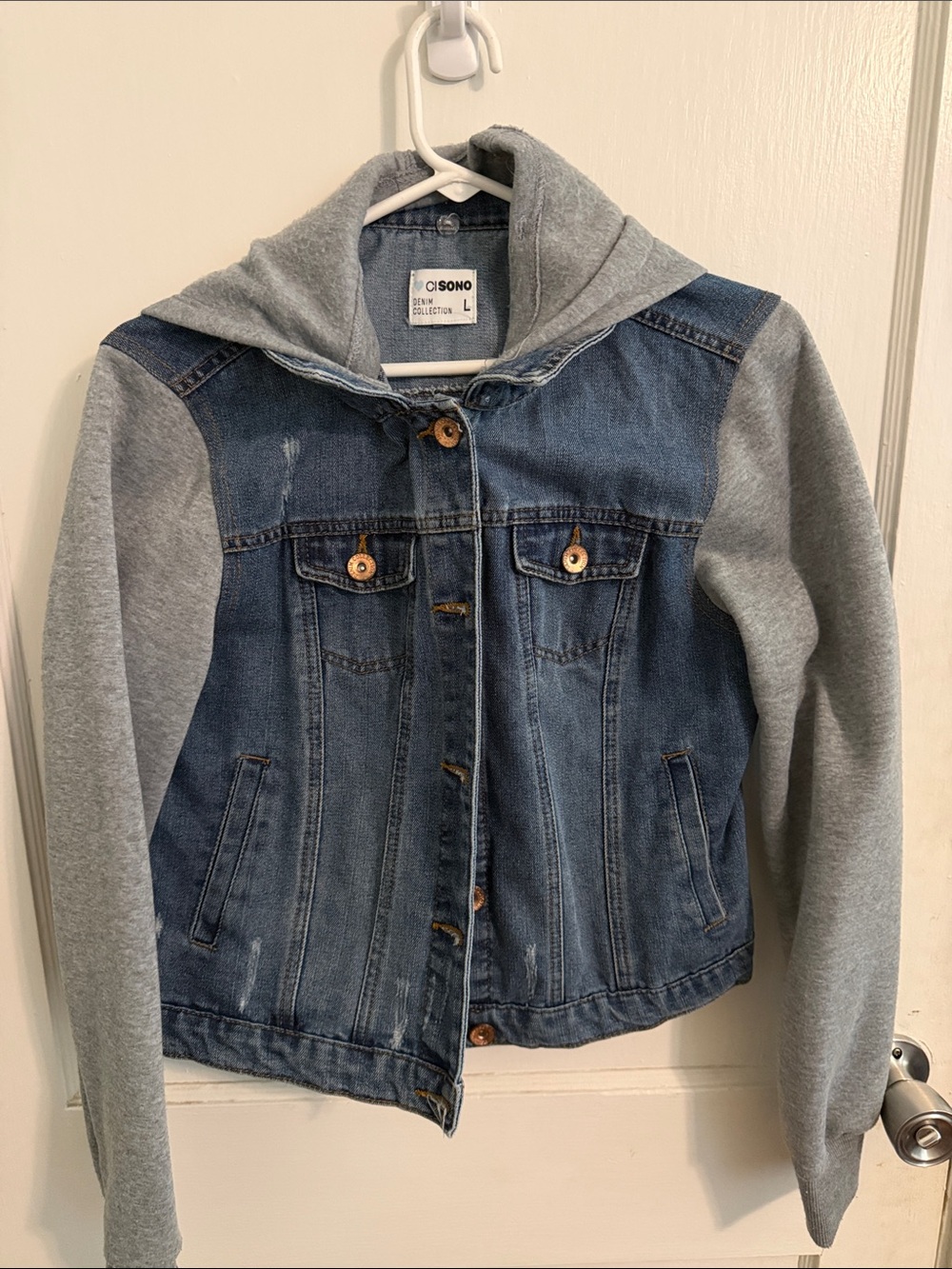 Ci Sono Blue Denim Jacket with Gray Hoodie Sleeves